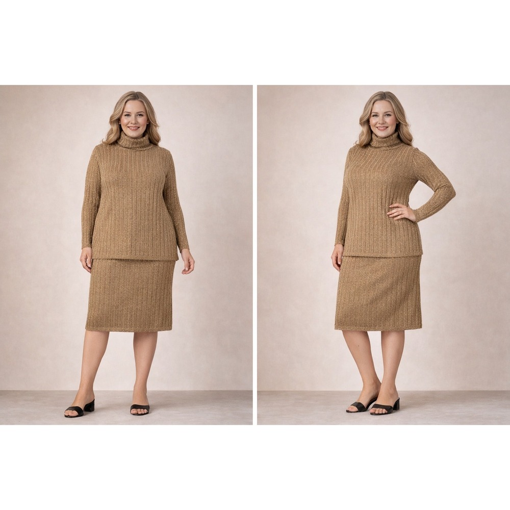 Jeanne Pierre Womens Set‎ Large Gold Metallic Sweater Skirt Turtleneck Lambswool